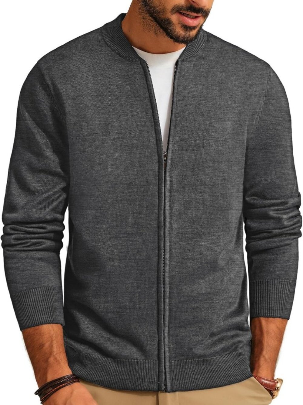 Men's Slim Fit Full Zip Cardigan Sweater Jacket - Casual Stand Collar Knitwear